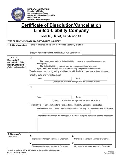 Nevada Certificate Of Dissolution Cancellation Limited Liability