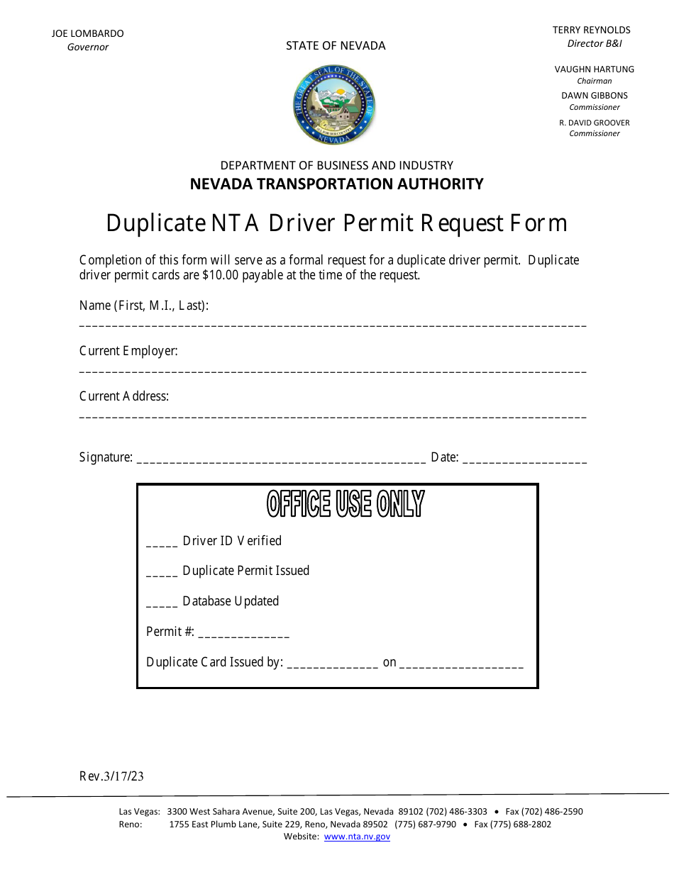 Nevada Duplicate Nta Driver Permit Request Form Fill Out Sign Online