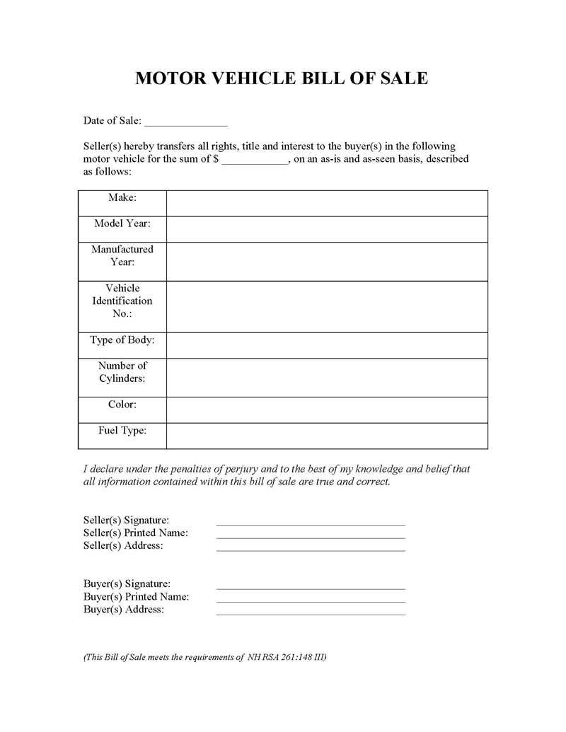 New Hampshire Motor Vehicle Bill Of Sale Form Templates Fillable