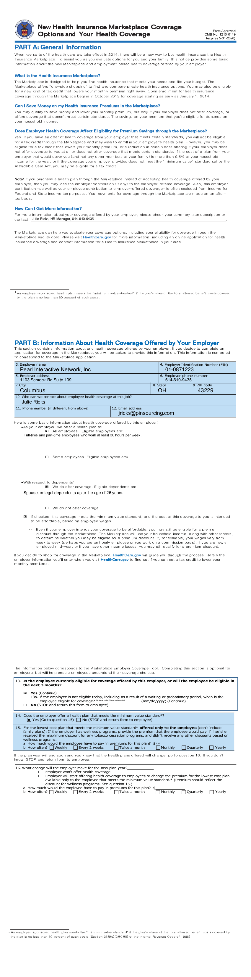 New Health Insurance Marketplace Coverage Notice Fillable Form