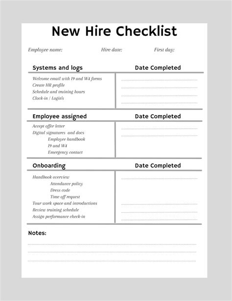 New Hire Checklist Form Template Printable