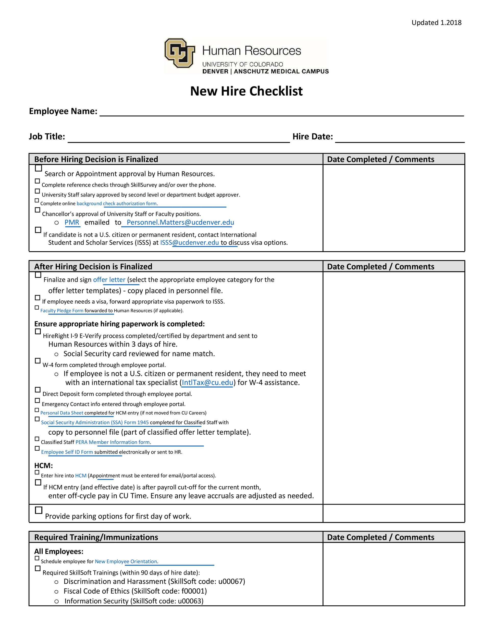 New Hire Onboarding Hr Checklist Template