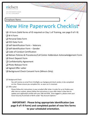 New Hire Paperwork Checklist Nielsen Fill And Sign Printable