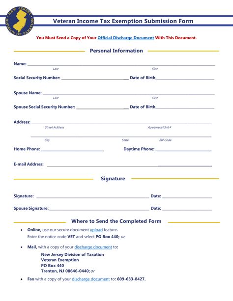 New Jersey Veteran Income Tax Exemption Submission Form Download