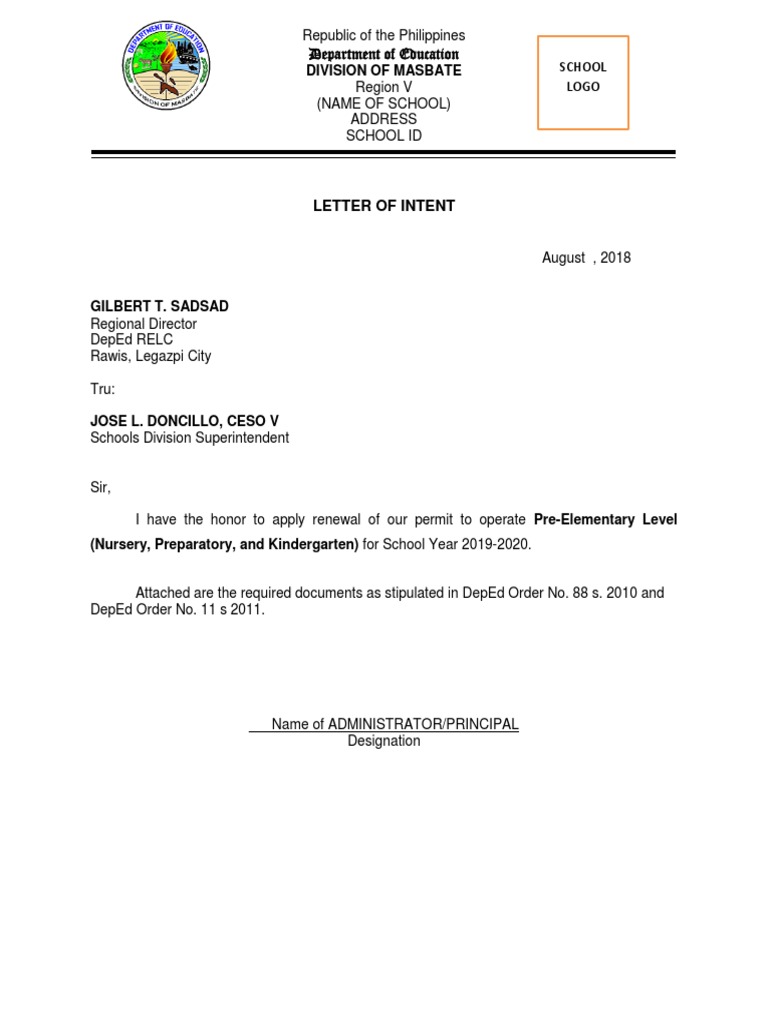 New Letter Of Intent For Renewal Of Permit To Operate For Sy 2019 2020