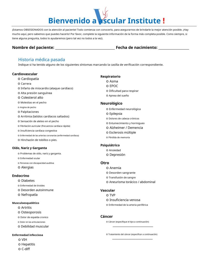 New Patient Paperwork Northern California Vascular Institute