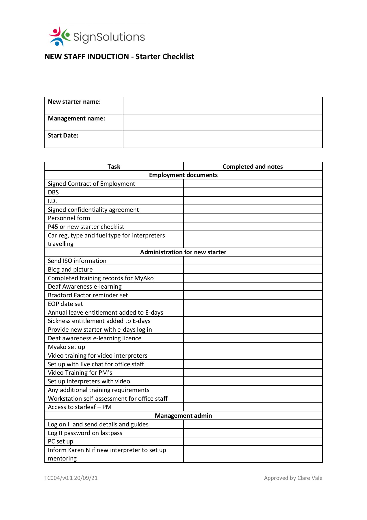 New Starter Checklist 2024 Format Download Ilysa Marcile