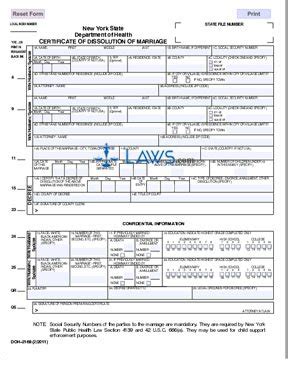 New York Certificate Of Dissolution Of Marriage Doh 2168