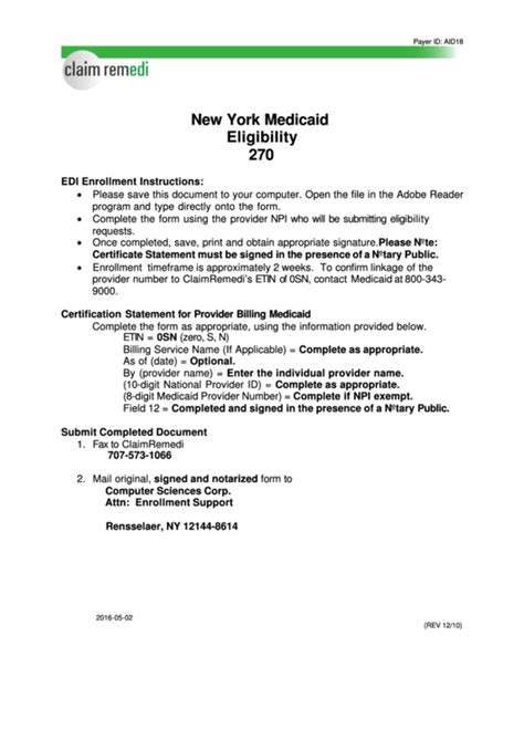 New York Certification Statement Form For Provider Billing Medicaid