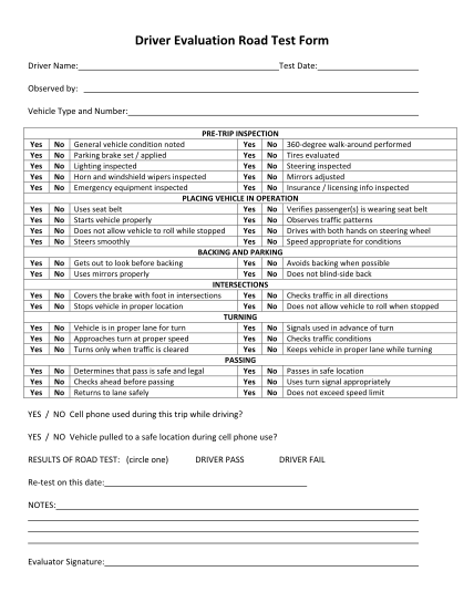 New York Dmv Road Test Evaluation Form Printfriendly