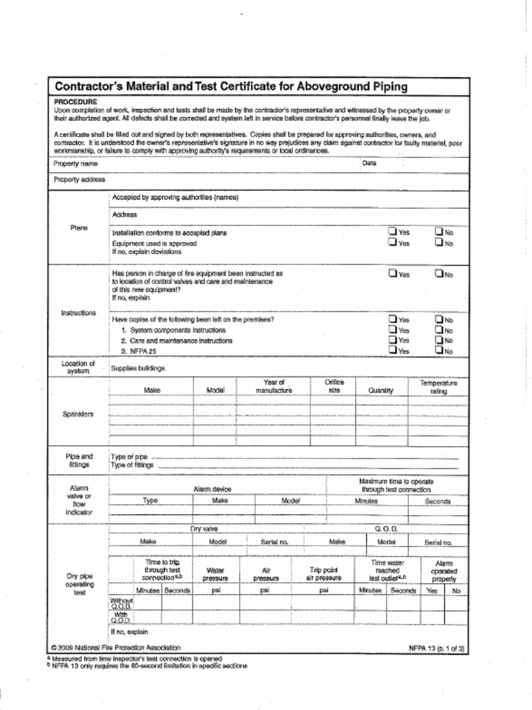 Nfpa 13 Above Ground Test Certificate Form Fill Online Printable