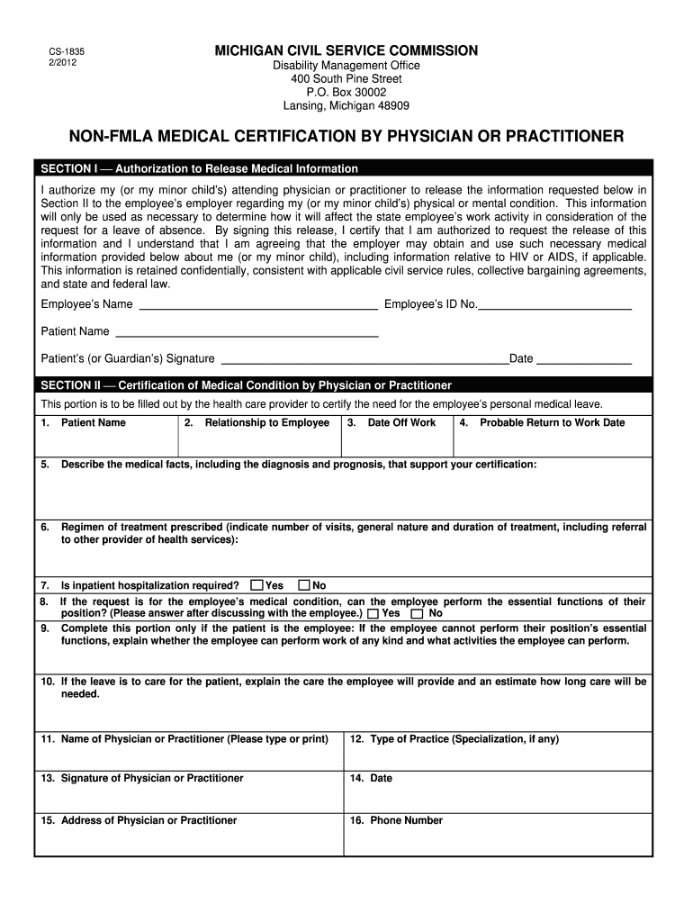 Non Fmla Medical Certification By Physician Or State Of Michigan