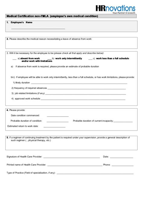 Non Fmla Medical Certification Form