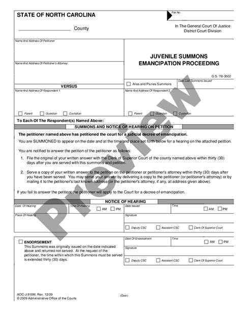 North Carolina Juvenile Summons Emancipation Proceeding Emancipated