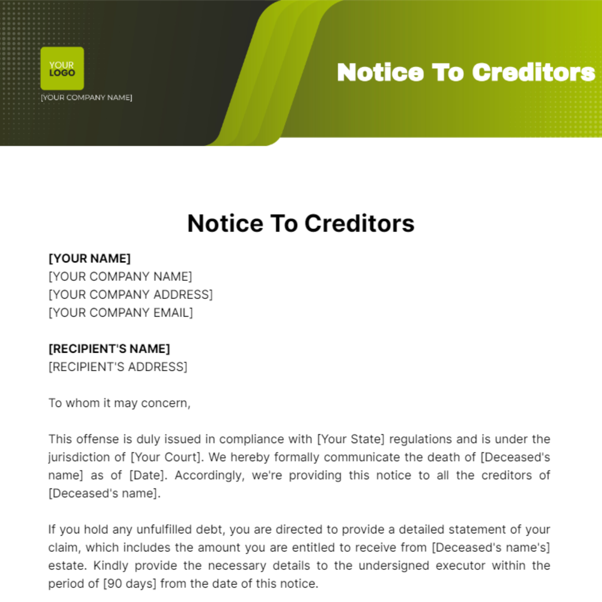 Notice Creditors Doc Template Pdffiller