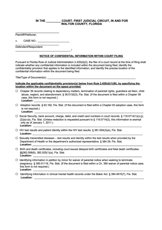 Notice Of Confidential Information Within Court Filing Form First Judicialcircuit Walton