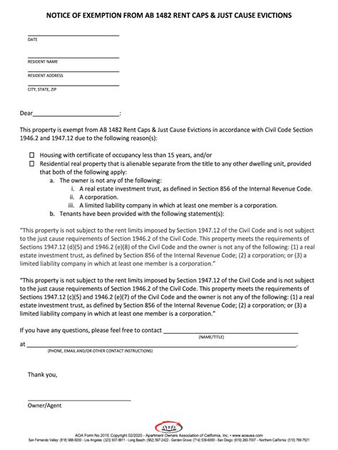 Notice Of Exemption From Ab 1482 Form Pdf Fill And Sign Printable