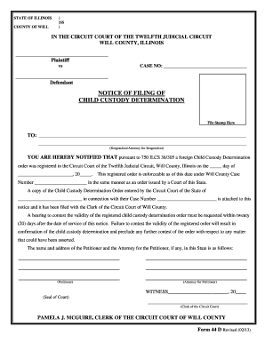 Notice Of Filing Of Child Custody Determination Fill And Sign