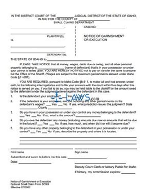 Notice Of Garnishment Or Execution Sc 9 9 Idaho Forms Laws Com