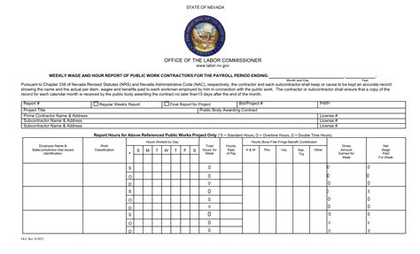 Nv Weekly Wage And Hour Report Of Public Work Contractors Fill And