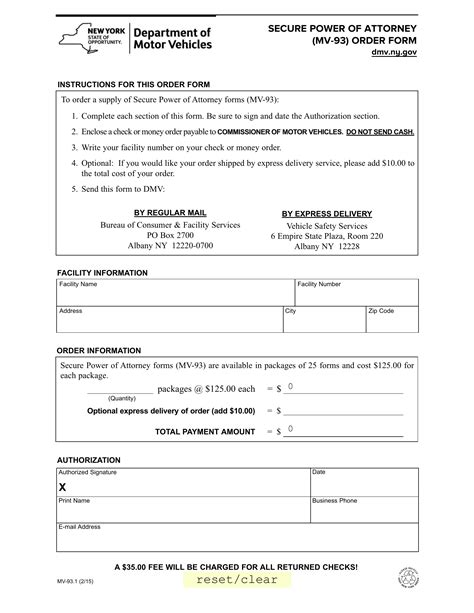 Nys Dmv Form Mv 93 1 Secure Power Of Attorney Order Form Forms