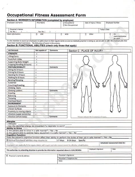 Occupational Fitness Assessment Form Printable Pdf Download