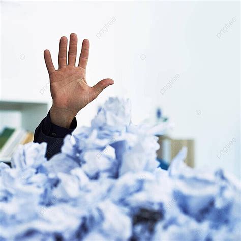 Office Workers Hand Struggles To Stack Crumpled Paperwork Photo