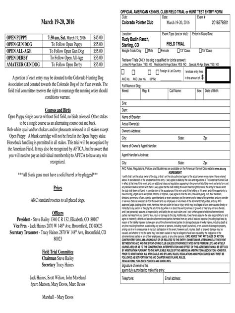 Official American Kennel Club Field Trial Or Hunt Test Entry Form Club