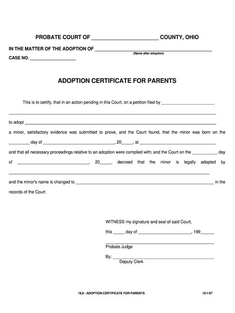 Oh Adoption Certificate For Parents 1997 2021 Complete Legal Document