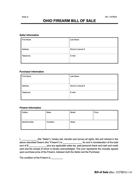 Ohio Firearm Bill Of Sale Form Legal Templates