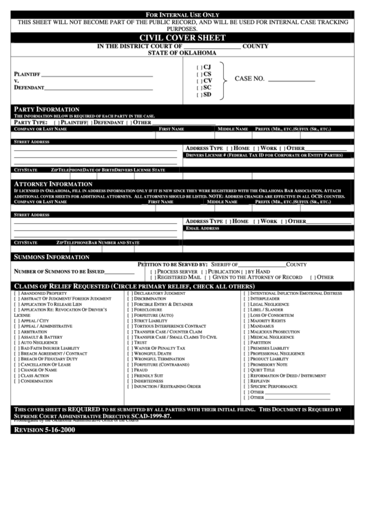 Oklahoma Civil Cover Sheet Civil Cover Sheet Oklahoma Us Legal Forms