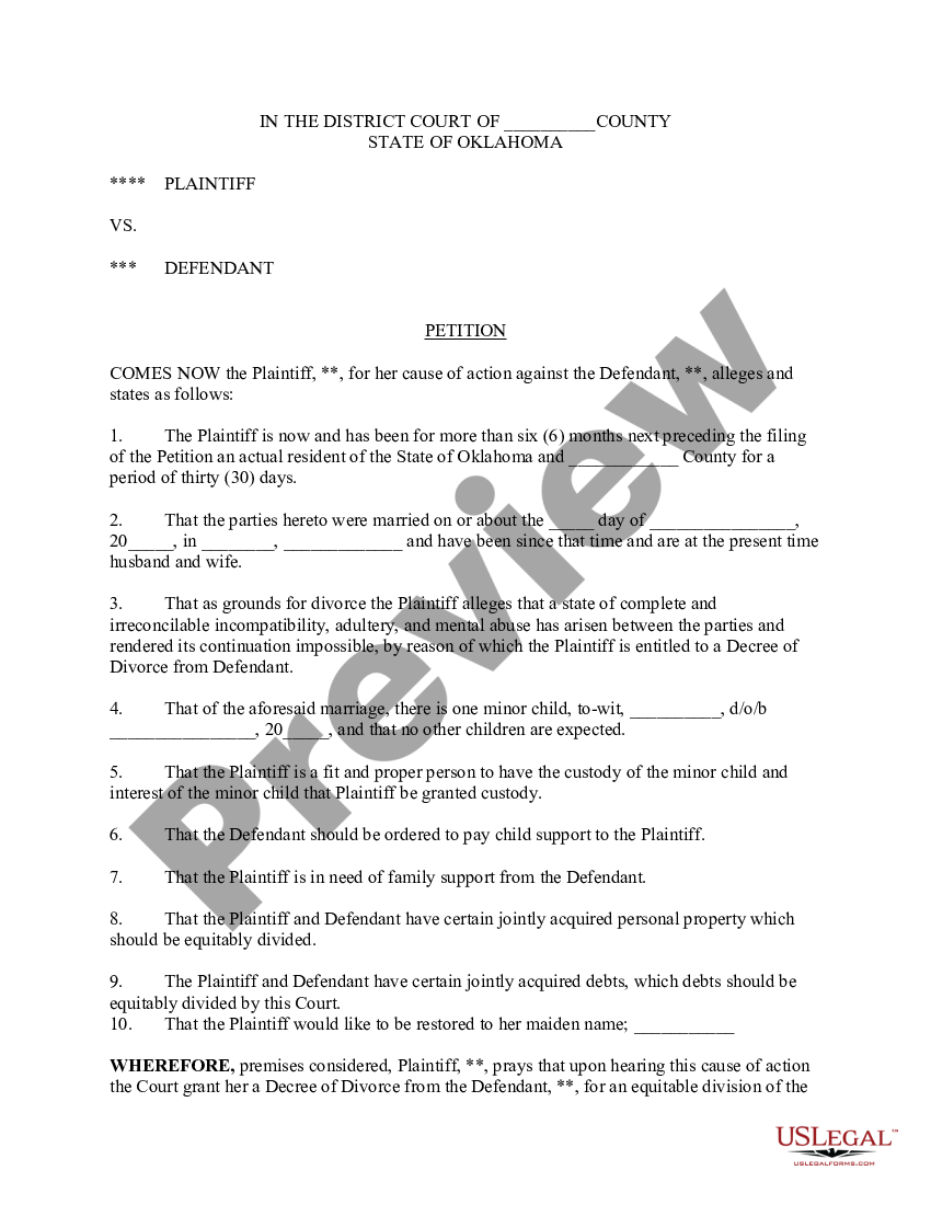 Oklahoma Petition For Divorce Form With Minor Child Us Legal Forms