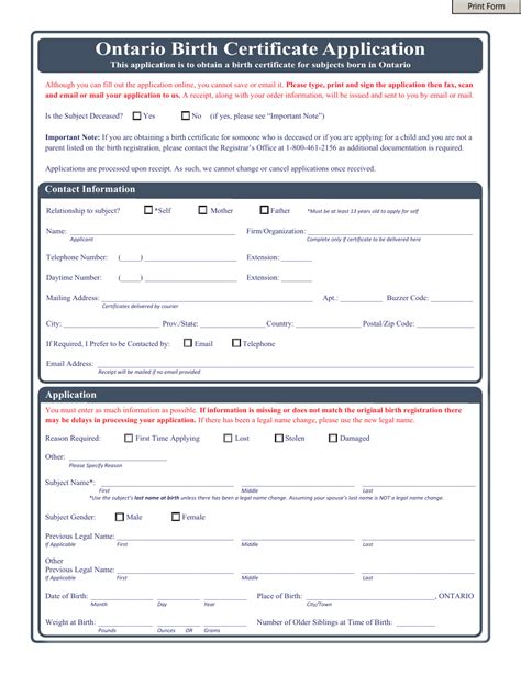 Ontario Canada Birth Certificate Application Form Fill Out Sign