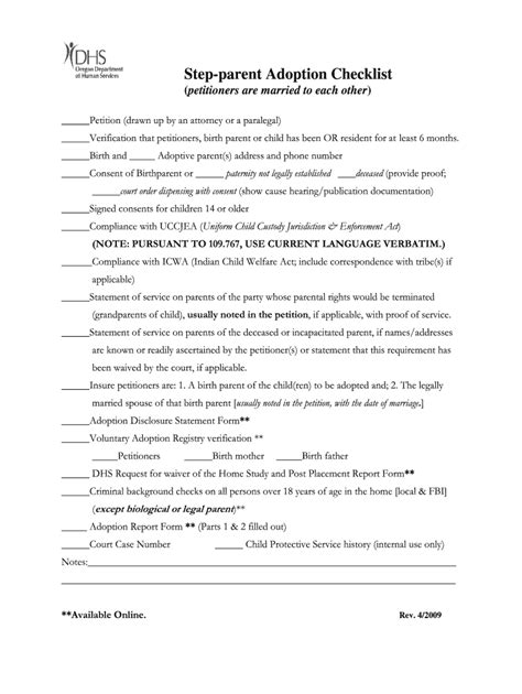 Or Step Parent Adoption Checklist 2009 2022 Fill And Sign Printable Template Online Us Legal