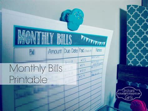 Orchard Girls Monthly Bills Organization Station Free Printable