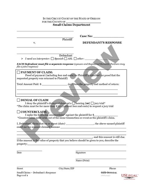 Oregon Defendant Response Small Claims Us Legal Forms