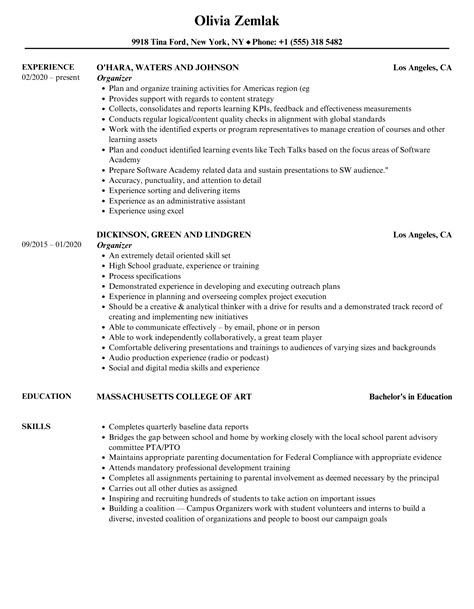 Organizer Resume Samples Velvet Jobs