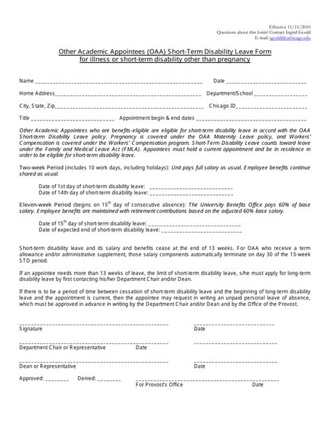 Other Academic Appointees Oaa Short Term Disability Leave Form For Illness Or Short Term