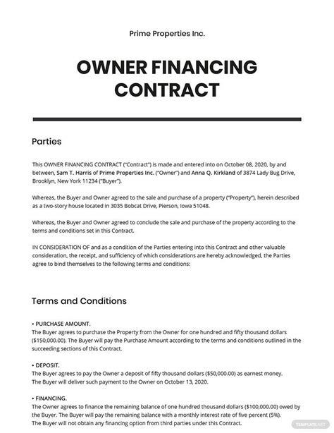 Owner Financing Agreement Printable Free Blank Form