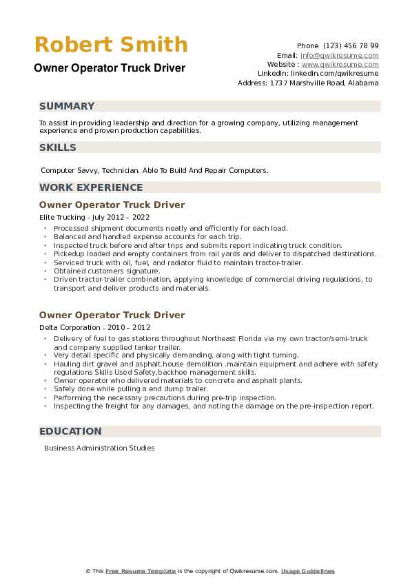 Owner Operator Truck Driver Resume Samples Qwikresume