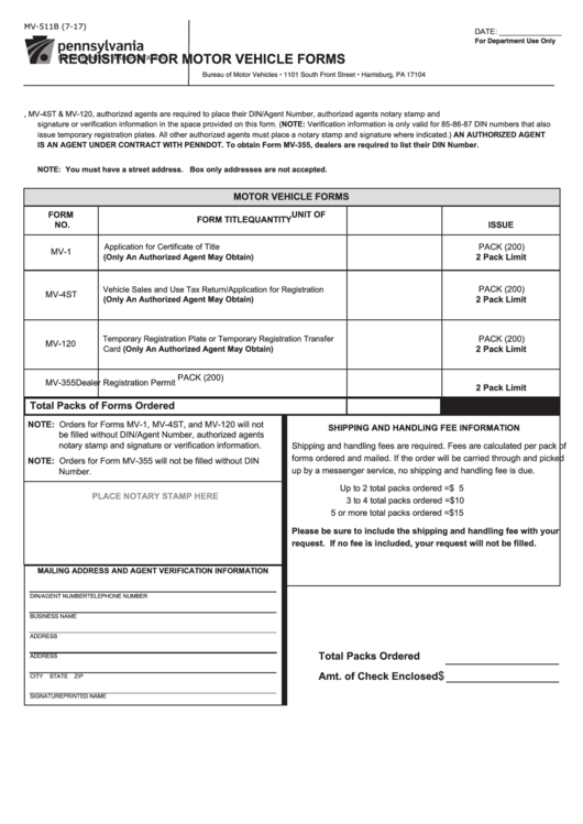 Pa Dmv Form Mv 511B Requisition For Motor Vehicle Forms Forms Docs