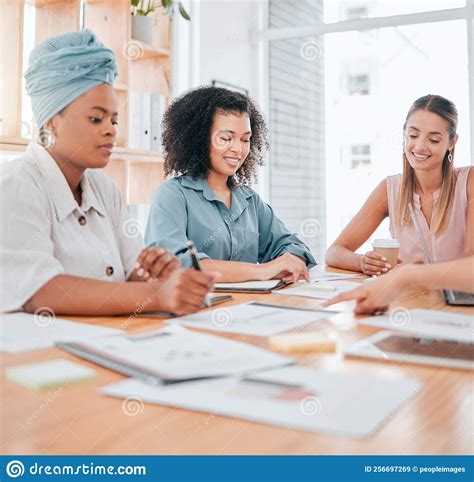 Paperwork Corporate Women Team Consulting In An Office For A Business Collaboration Diversity