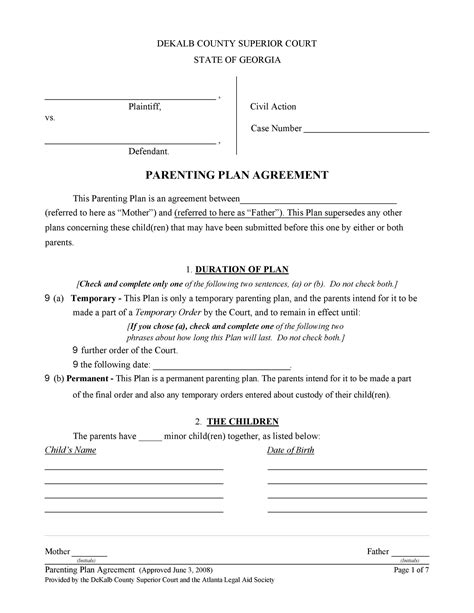 Parenting Plan Child Custody Planner Custody Agreement Template