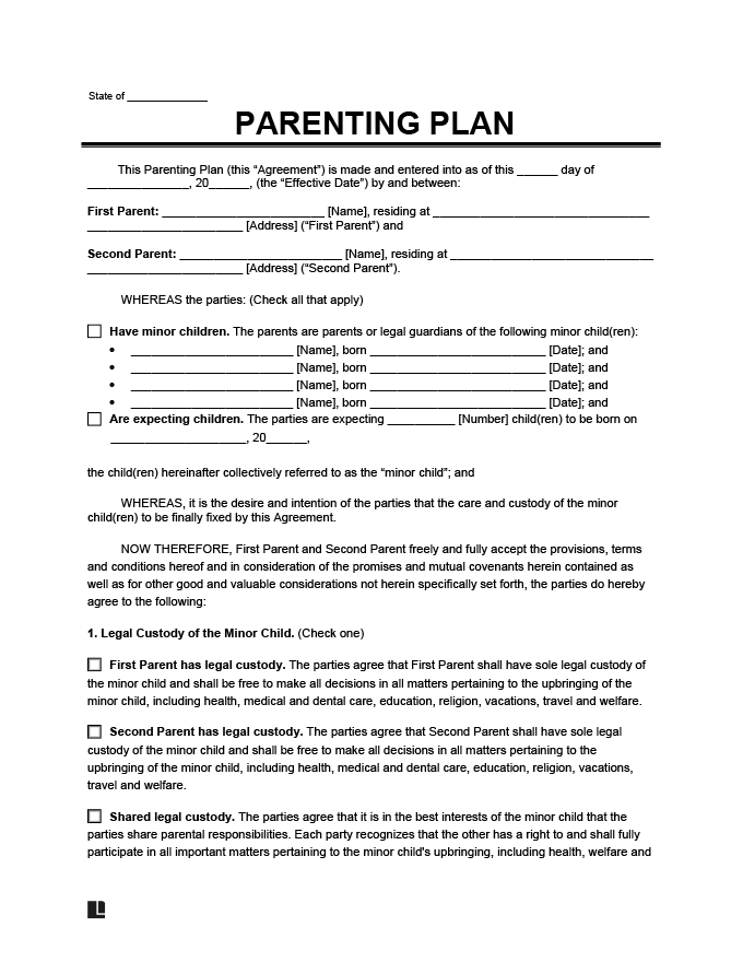 Parenting Plan Template Free Child Custody Agreement Form Legal Templates