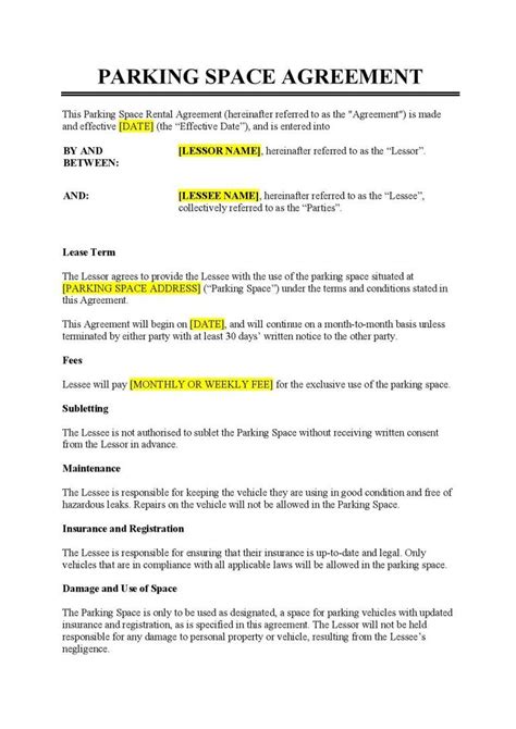 Parking Space Rental Agreement Template Free Download Easy Legal Docs