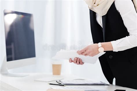 Partial View Of Businesswoman Doing Paperwork At Workplace Stock Photo Image Of Copy Alone