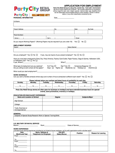 Partycity Application For Employment Fill And Sign Printable Template