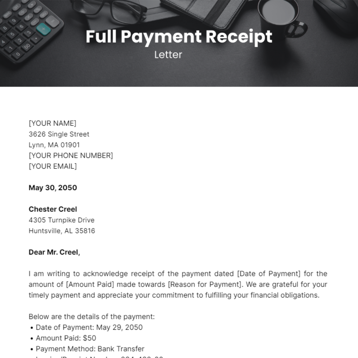 Payment Receipt Letter Template Download Printable Pdf Templateroller