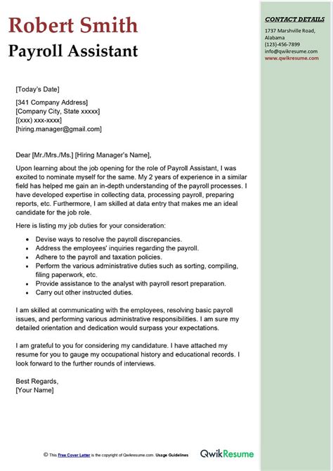 Payroll Assistant Cover Letter Examples Qwikresume