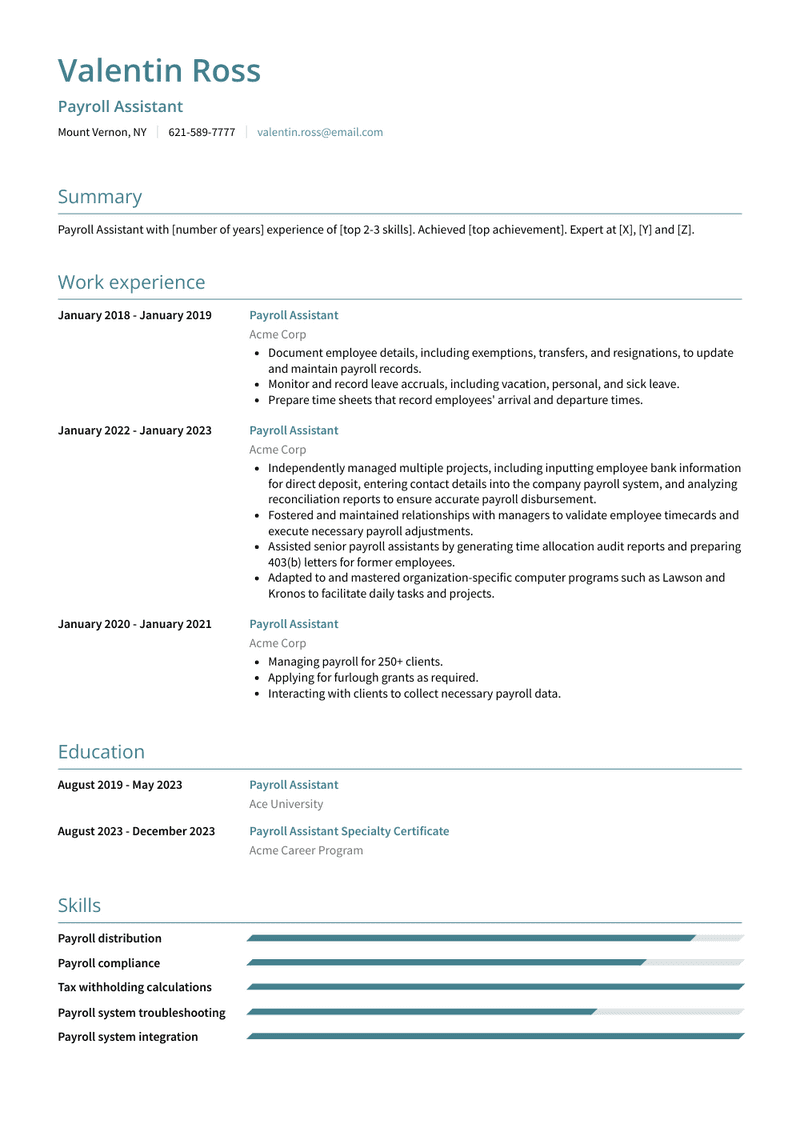 Payroll Assistant Resume Samples Qwikresume